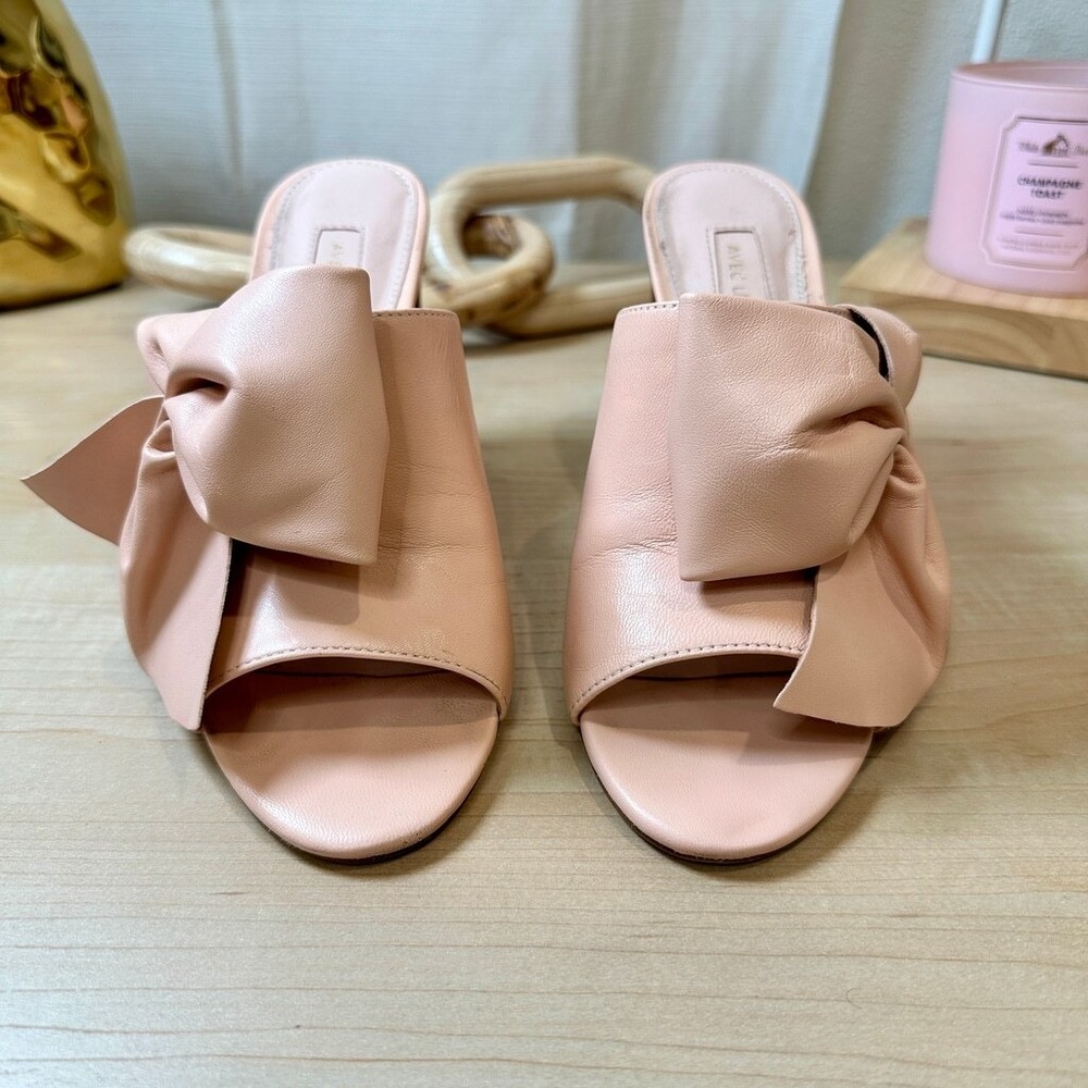 AVEC LES FILLES Blush Pink Leather Bow Peep Toe Block Heel Mules Size 6